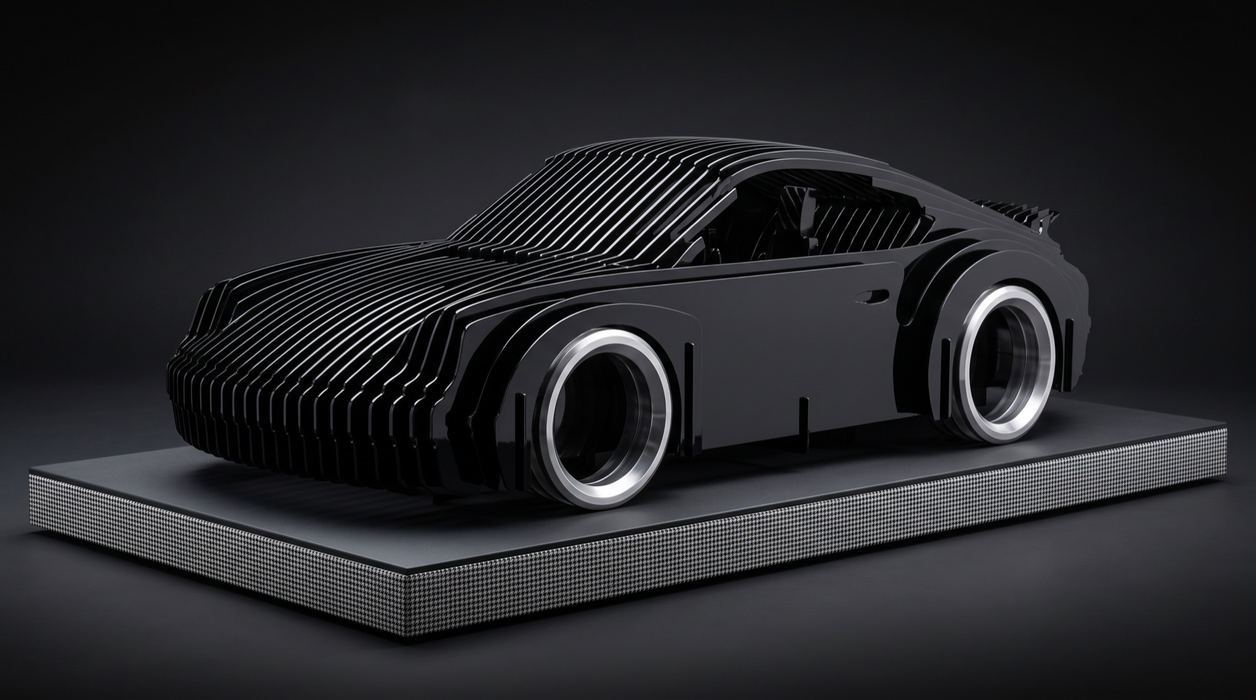 Escultura DeRossi do 911 Turbo em lâminas preto brilhante, três quartos frontal em fundo escuro