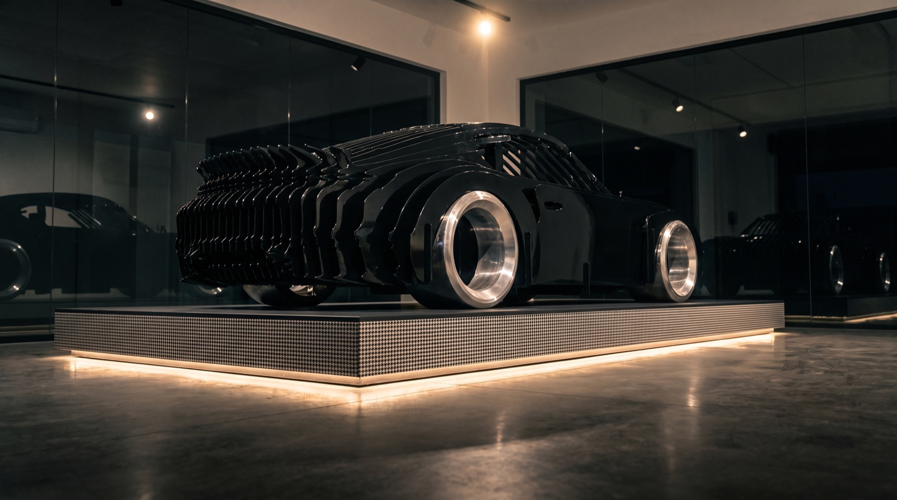 O 911 no showroom, visto de trás, sobre base iluminada