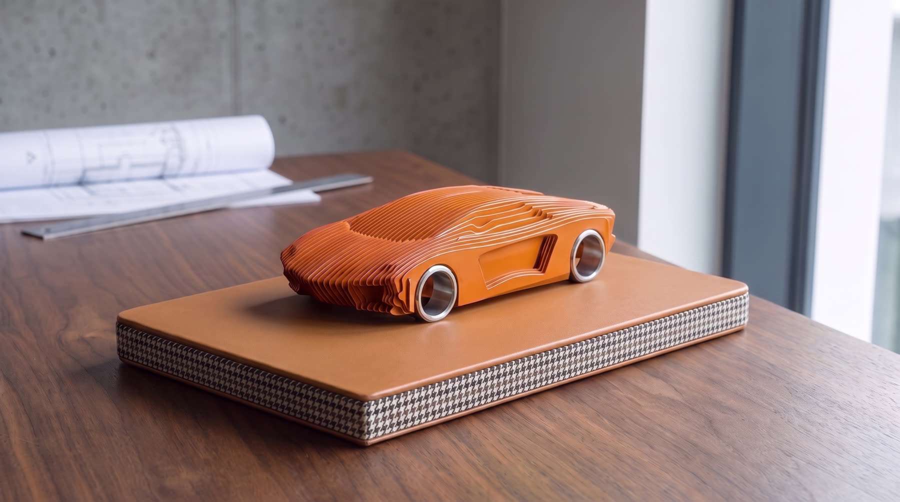 O Aventador S em laranja, sobre mesa de trabalho